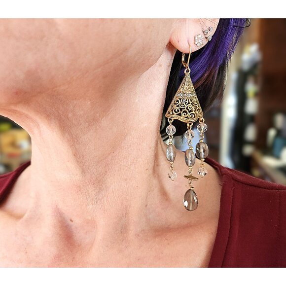 Filigree Crystal Bi-Cone Beaded Dangle Chandelier Earrings BoHo Green - Picture 10 of 11